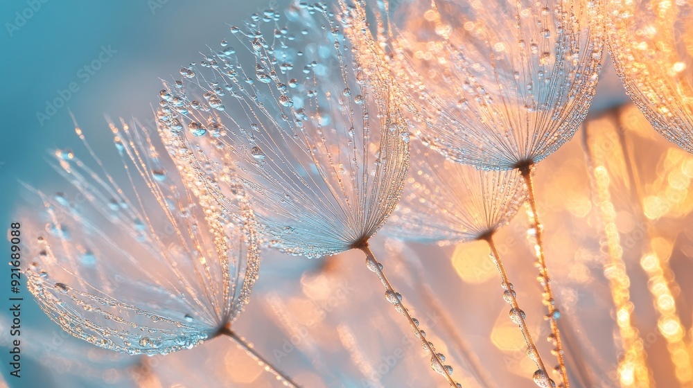 Aufkleber a close-up of dandelion seeds covered in dew drops, creating a soft, ethereal effect. the background