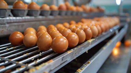 Fresh brown eggs moving along a conveyor belt in a food processing plant.