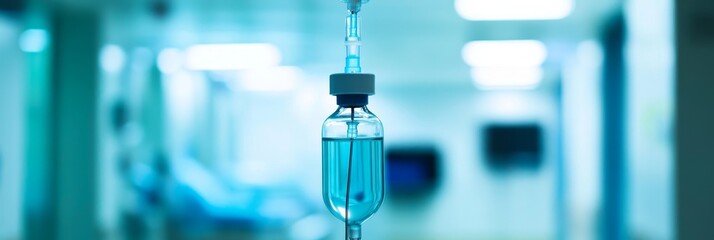 A close-up of an IV drip bag hanging in a hospital room, symbolizing medical care, healing, hope, recovery, and healthcare.