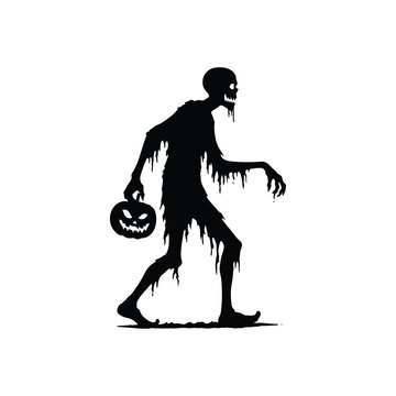 black zombie walking holding pumpkin clip art preview