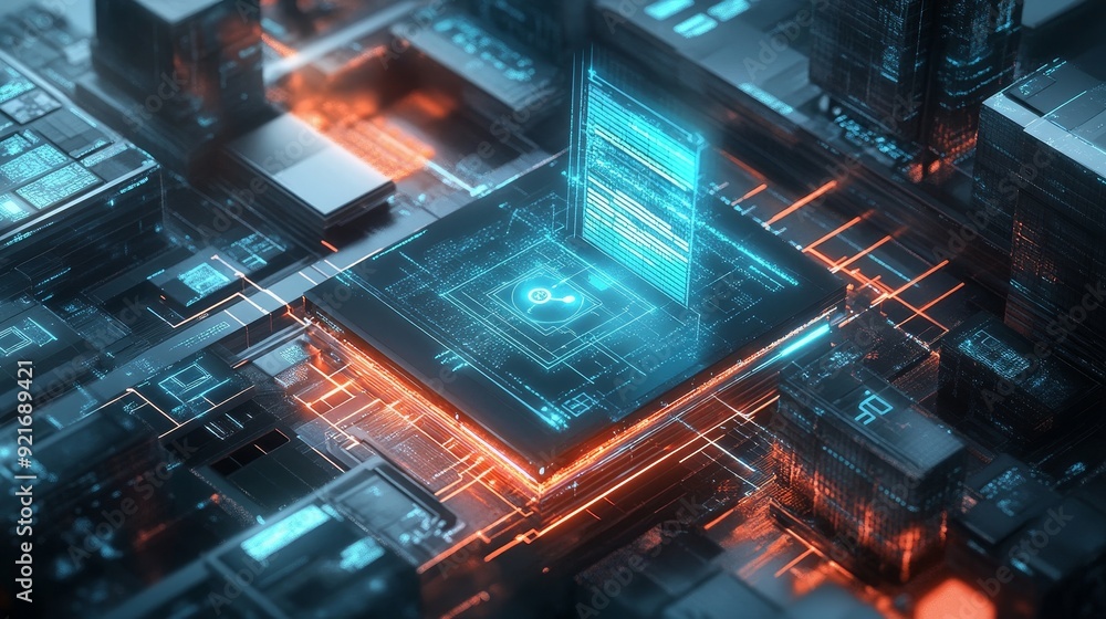 Poster a close-up shot of a futuristic data center with glowing blue and orange circuitry, showcasing the i