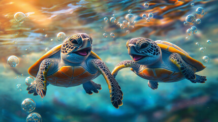 print illustration of two cute colorful baby turtles