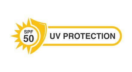 SPF 50 icon logo vector design UV protection with sun icon, shield symbol, in yellow color in white background. SPF icons for sunscreen skin cosmetics packaging