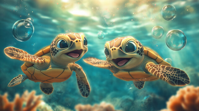print illustration of two cute colorful baby turtles
