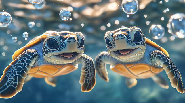 print illustration of two cute colorful baby turtles