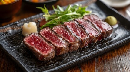 A delicious plate of seared steak, perfectly cooked and seasoned, served with a dollop of wasabi and fresh greens, all on a black plate.