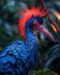 Close-up of a vibrant blue bird with a red crest.