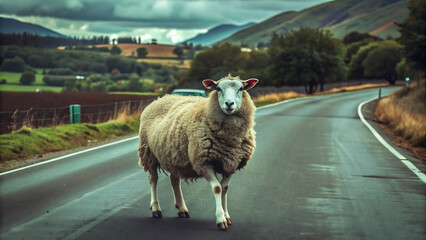 Sheep walking on the road. walking sheep. sheep on road.
