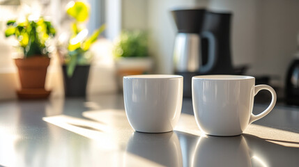 Two white coffee cups on a kitchen counter, ready for your design.