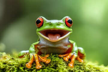 a tree frog sitting on moss