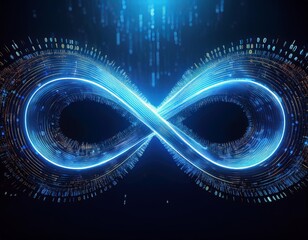 blue infinity symbol made of glowing binary code particles