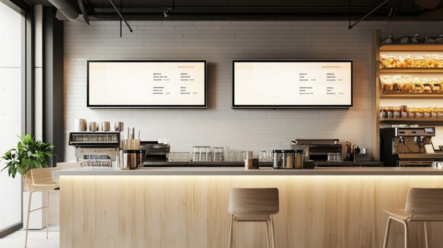 Blank mock up for menu board display screen, for restaurant cafe food business. Warm cozy atmosphere