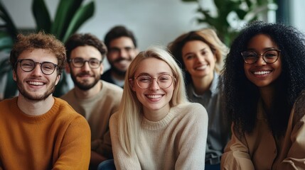 Fototapeta premium A group of diverse friends, both men and women, are smiling and looking at the camera. They are all wearing casual clothing. The image conveys a sense of happiness, friendship, and inclusion.