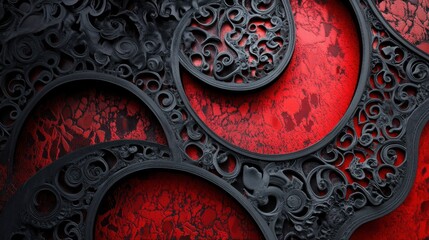 Macro view of black and red surfaces with elaborate patterns creating bold contrasts and texture