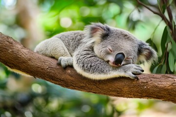 Naklejka premium A koala sleeping on a tree branch 