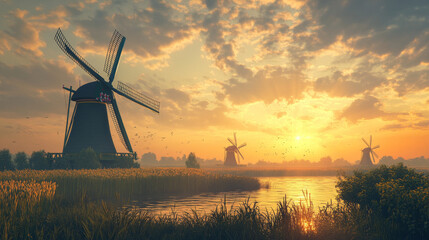 Windmills stand tall against the golden glow of the setting sun in a countryside.