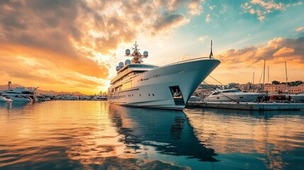 Fototapeta premium A large, white yacht is docked in a marina at sunset, surrounded by other boats and the reflection of the sky on the water. The image conveys a sense of luxury, leisure, and adventure.
