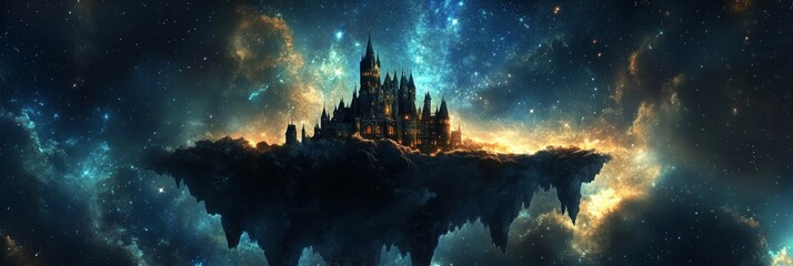 Obraz premium A majestic castle stands tall on a floating island amidst a star-filled sky, symbolizing imagination, wonder, isolation, and the power of dreams.