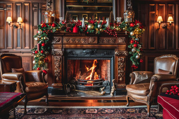 Fototapeta premium A cozy Christmas fireplace with a roaring fire, stockings hanging on the mantel, and a garland of pine branches and twinkling lights, warm and inviting atmosphere.
