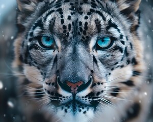 Fototapeta premium Captivating Close up Portrait of a Majestic Snow Leopard with Intense Gaze and Striking Fur Patterns