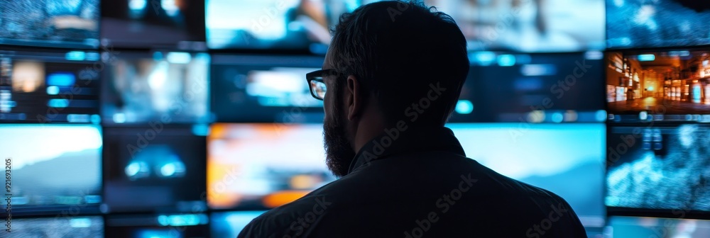 Poster a man in a control room observes a wall of screens displaying different images, symbolizing data ana