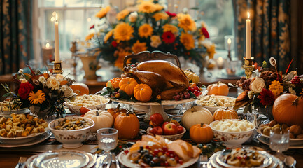 Thanksgiving Table Setting with Roasted Turkey, Pumpkins, and Candles - Realistic Image