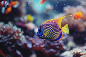 Obraz premium Vibrant school of tropical fish swimming among coral reefs, bright colors, crystal clear water 