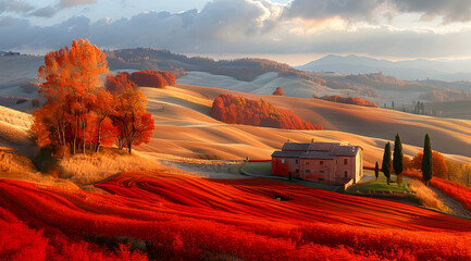 Autumnal Tuscan Landscape with House - Illustration