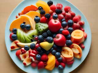 A mixed plate of fruits is a vibrant and colorful assortment of various fresh fruits, often arranged in an appealing and appetizing way.