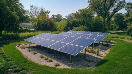 A picturesque view of solar panels nestled in a lush green landscape, symbolizing clean energy, environmental consciousness, sustainability, and harmony with nature.