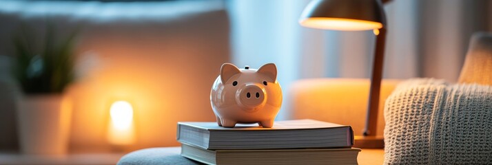 Naklejka premium A piggy bank sits atop a stack of books on a cozy living room couch, symbolizing financial planning, saving for the future, knowledge, and home comfort.