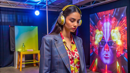 Young woman in headphones looking at neon light projection on blazer in studio
