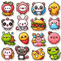 Obraz premium Adorable cartoon stickers with various animals, food, and objects.
