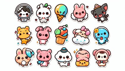 Cute cartoon sticker set with various adorable characters.