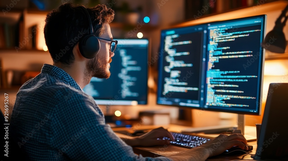 Poster a programmer wearing headphones is focused on his work, coding late at night. the image symbolizes d
