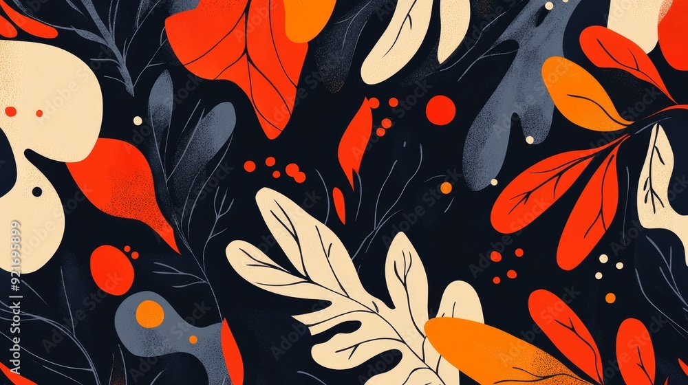 Poster a seamless pattern featuring a dark background with abstract shapes and vibrant colors. the design i