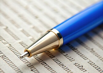 A solitary blue pen rests on a densely written page, its point precisely aligned with the word "tid", drawing attention to a specific detail.