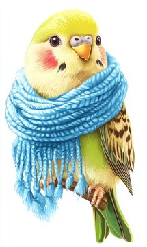 recommend clip art: a budgie wearing light blue scarf, clipart on white background 