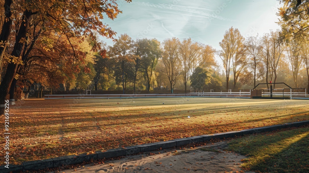 Poster a serene scene of an empty field surrounded by colorful autumn trees, bathed in warm sunlight. it sy