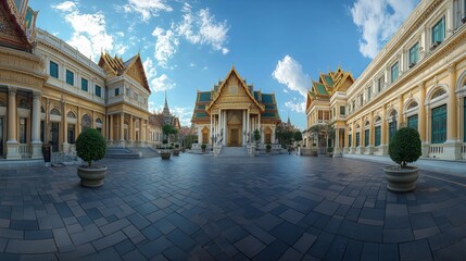 Obraz premium Ultra-Wide View of Grand Palace: Detailed Street and Architecture in Bangkok