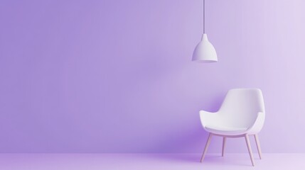  white chair and pendant light on a purple background, 3D rendering mock up. Minimalist interior design concept. 