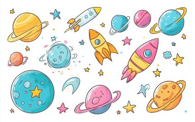 Sticker set of cartoon space with a white background