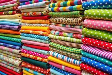 Vibrant folded bolts of textiles in assorted colors and patterns, including stripes, polka dots, and florals, stacked neatly on a shelf or table surface.