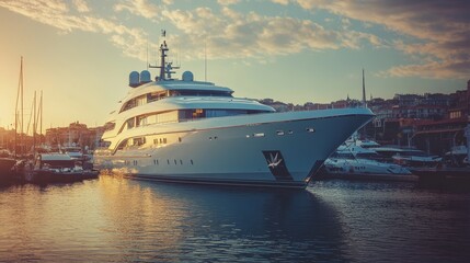A sleek, white yacht, embodying luxury and leisure, is docked in a bustling harbor at sunset. The golden hour casts a warm glow on the water