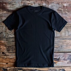 black t-shirt on a one rustic wooden table