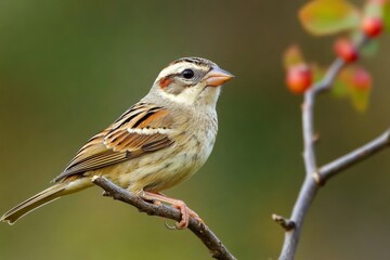 Fototapeta premium A small sparrow bird with brown and white feathers perched on a branch, looking to the right. There are red berries in the background. The bird is a symbol of nature, wildlife, birds, beauty