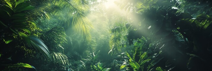 Fototapeta premium A sunbeam pierces through the dense foliage of a tropical rainforest, illuminating the vibrant green leaves and creating a sense of mystery and serenity.