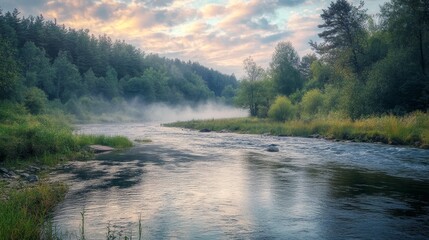 A tranquil river winds its way through a lush forest, with mist rising from the water and sunlight filtering through the trees.  The scene evokes a sense of peace, tranquility