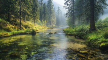 A tranquil river winds through a vibrant forest, sunlight filtering through the dense canopy, creating a magical atmosphere. The scene evokes peace, nature's beauty