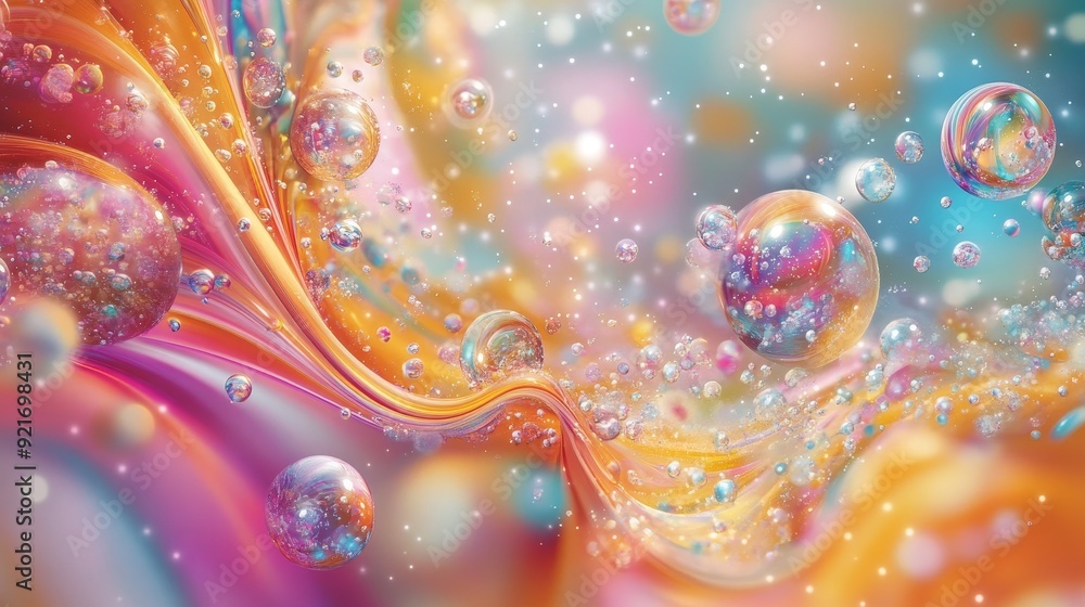 Poster a vibrant abstract image featuring colorful liquid swirls with iridescent bubbles floating on top. t